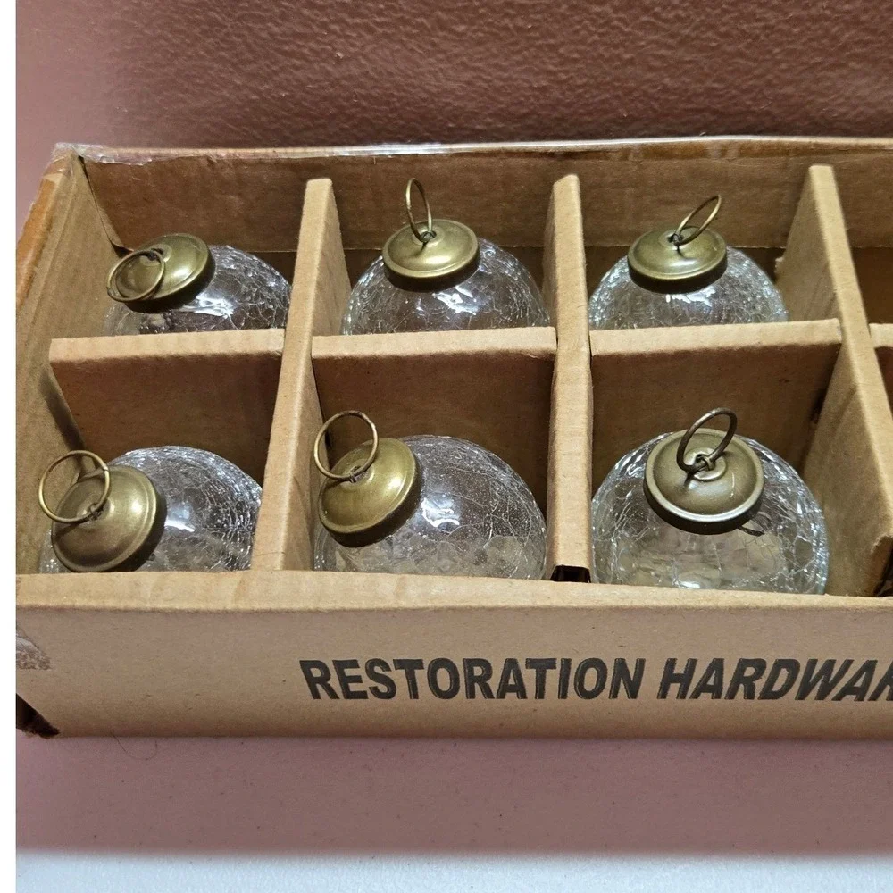 Restoration Hardware Crackle Glass Ornaments Set of‎ 6 Clear Brass Vintage Style